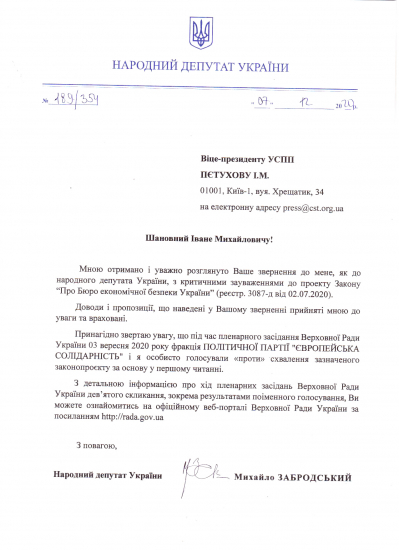 Відповідь НДУ (Забродський) щодо проекту Закону №3087